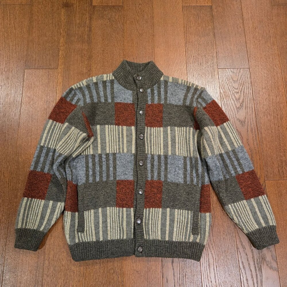 Vintage Guy de Berac Wool Alpaca Blend Patchwork Grandpa Cardigan Sweater Men XL